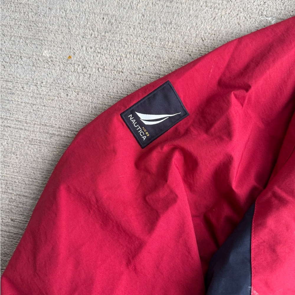 Vintage Nautica Sailing Jacket Mens XL Red Blue Colorblock Hideaway Hood Flaw - Picture 4 of 14
